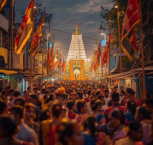 Traditional Andhra festival celebration in Eluru, people in ethnic wear, folk art, temple flags, street lights, cultural vibes, realistic photography_